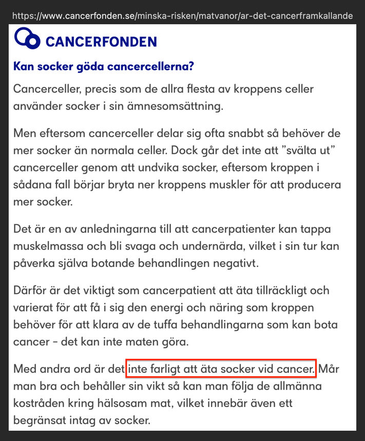 Nej till Cancerfonden (även 2026) Cancerfonden Socker inte farligt vid cancer 21 Feb 2026