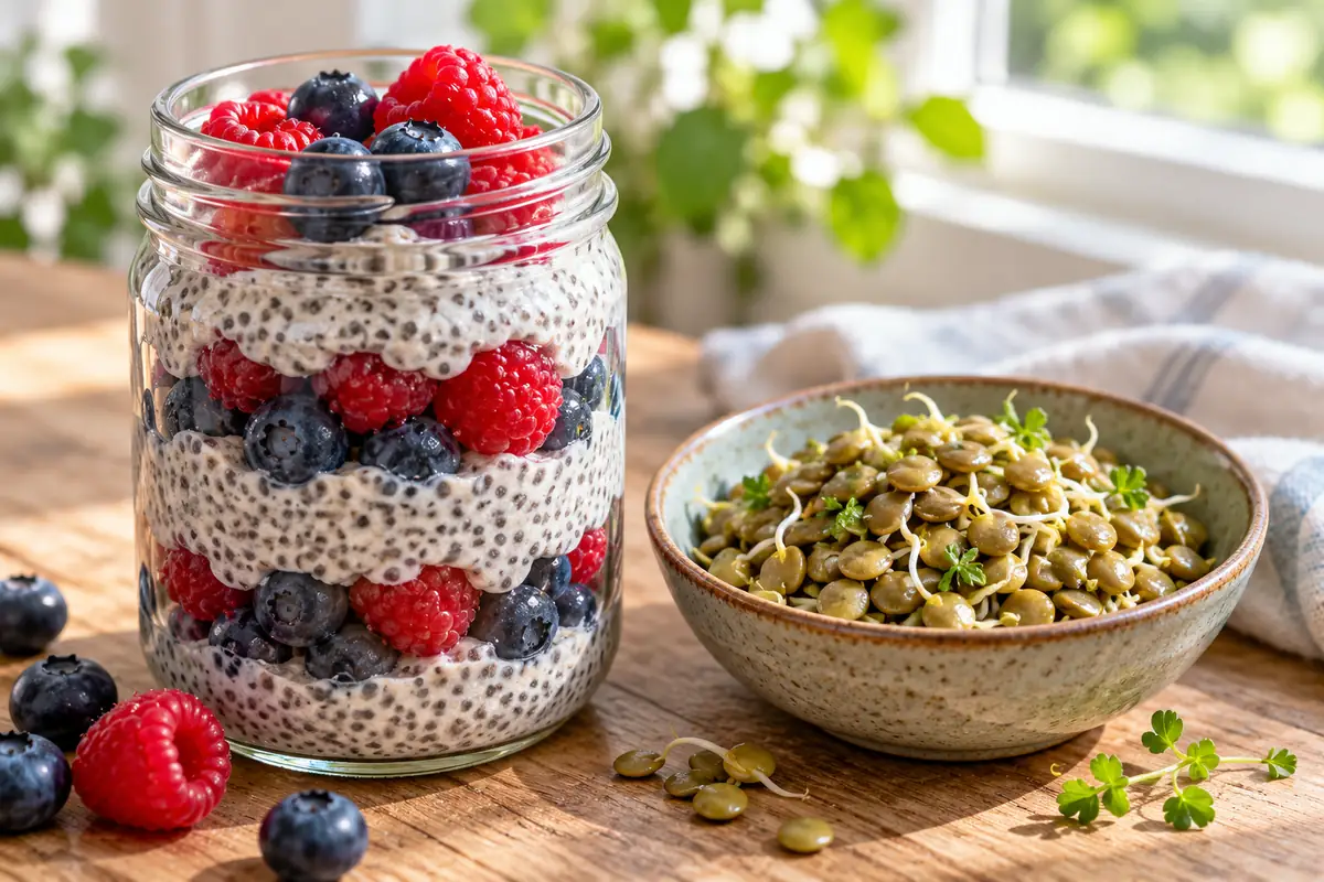 Chiapudding med bär och groddade linser