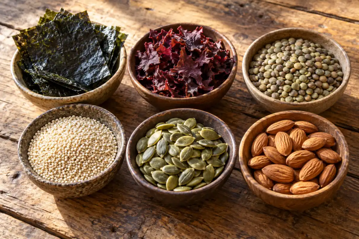 Nori, dulse, linser, quinoa, pumpafrön och mandel