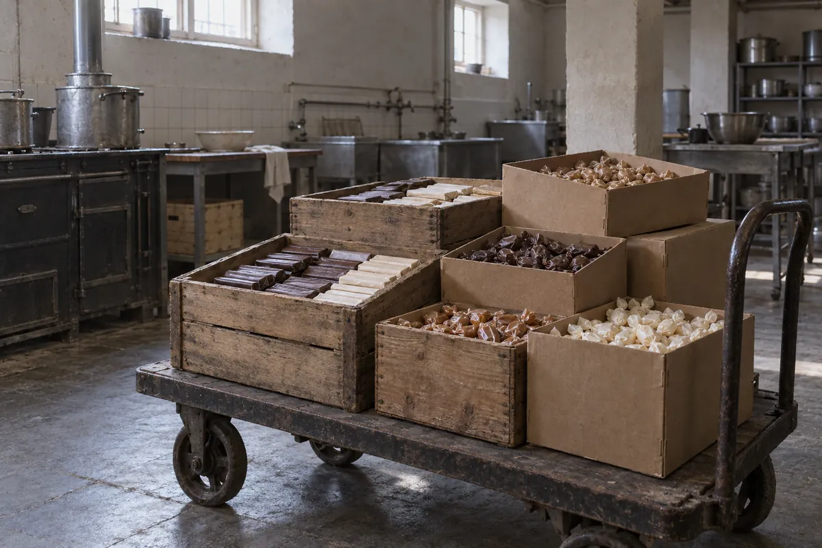 Vipeholmsexperimenten – sockerförsöket i Lund 1945–1955 Lådor med choklad och kola som godisindustrin skänkte till Vipeholmsexperimenten